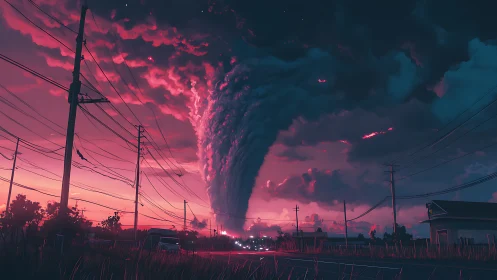 Stormlit tornado rolls over a quiet town at neon dusk