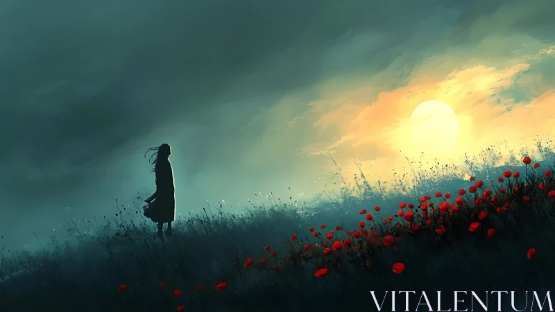 Solitary figure studies dawn light over misted poppy field