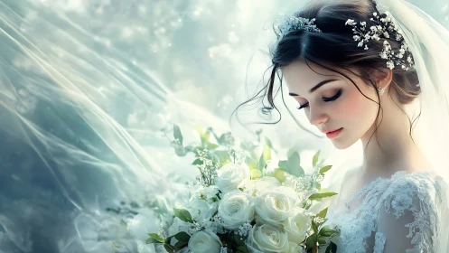 Softly dreaming bride lets white roses hold her heartbeat