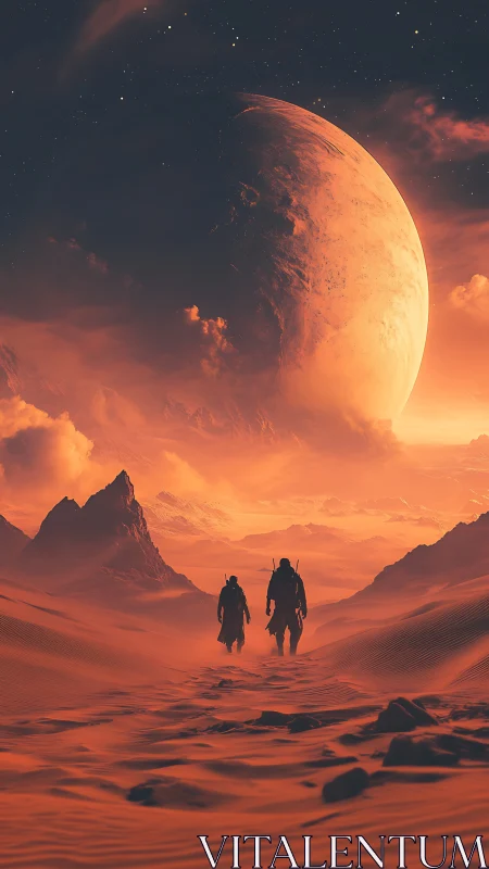 Twin wanderers cross a crimson desert beneath a rising world