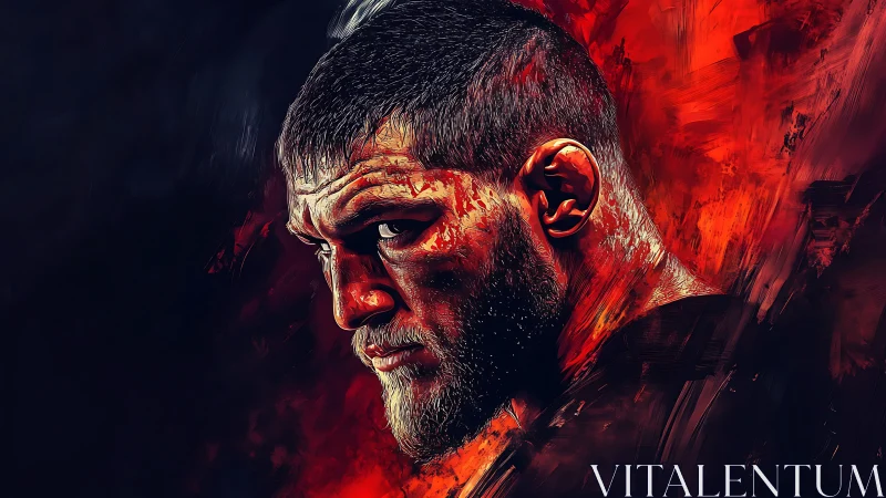 Profile portrait of male fighter amid red abstract field.