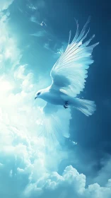High-key celestial dove rendered in luminous volumetric cloudscape