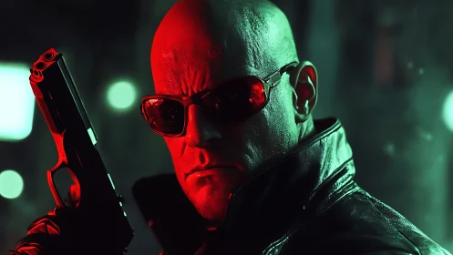 Brooding cyberpunk hitman stands ready in neon city haze