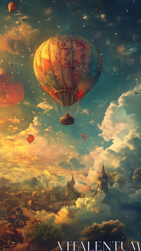 Dreamlike hot air balloon over cloudy fantasy city sky.