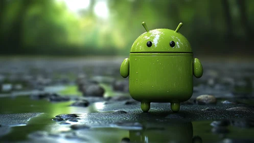 Green android mascot stands on wet forest river stones.