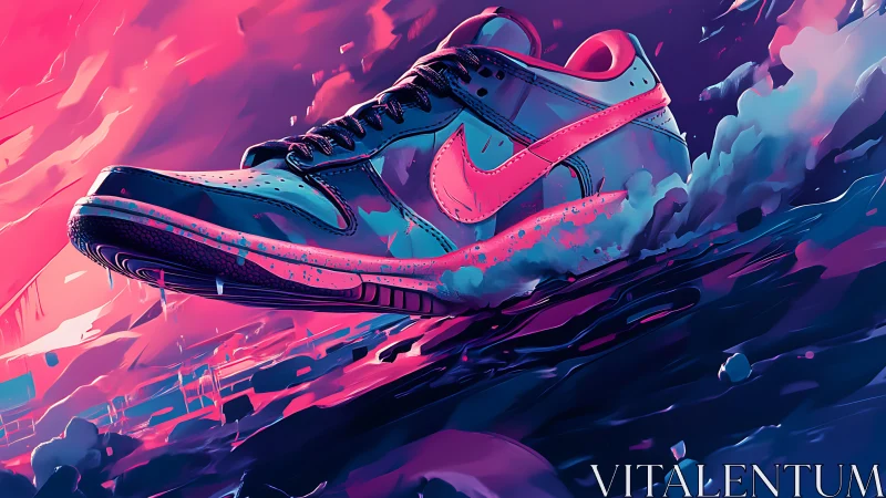 Neon-lit athletic sneaker in dynamic vaporwave landscape scene
