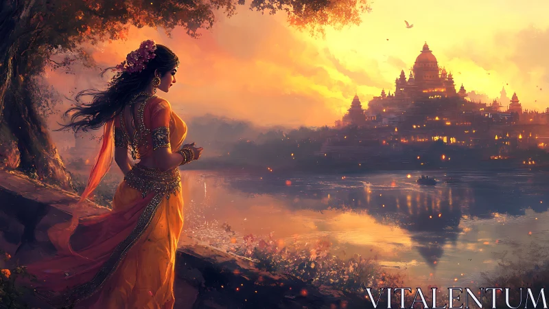 Sunlit riverfront palace vista with ornate robed figure.