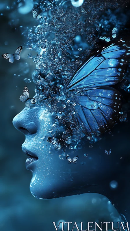 Blue butterfly visage dissolving into crystalline droplets.