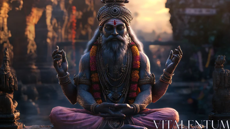 Serene meditating sage glowing in warm temple light.