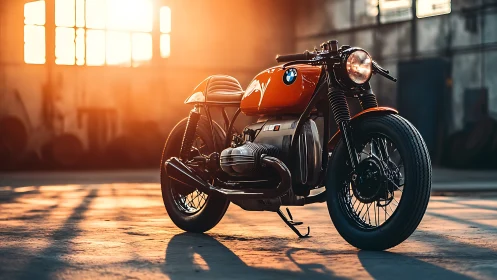 Vintage orange BMW cafe racer glows in warm warehouse light