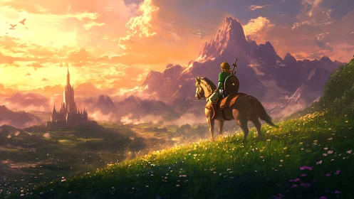 Heroic rider surveys sunlit fantasy valley with distant citadel
