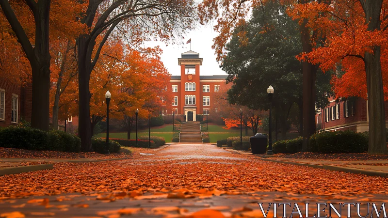 Crimson leaves escort the campus tower through quiet autumn