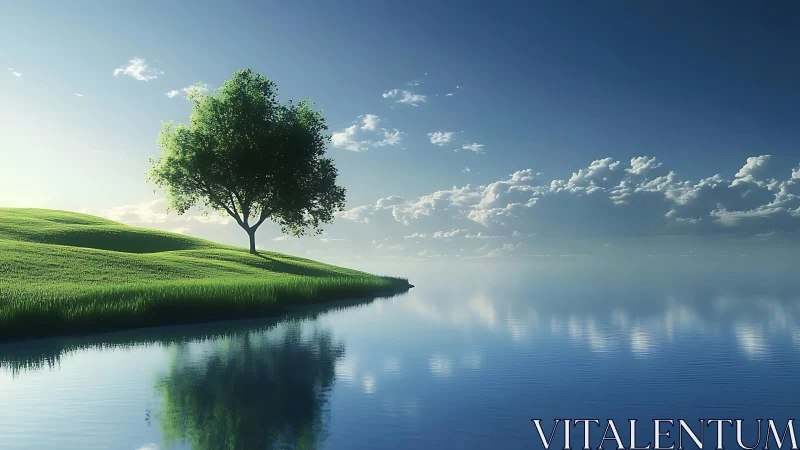 Solitary green tree on calm reflective lakeside slope.
