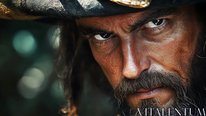 High-contrast close-up portrait isolates pirate’s intense gaze