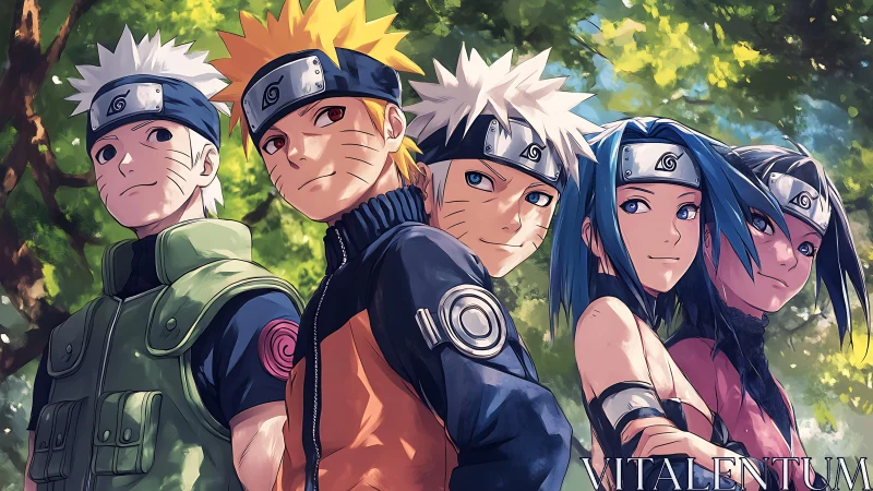 Anime team portrait aligns dynamic characters in forest light