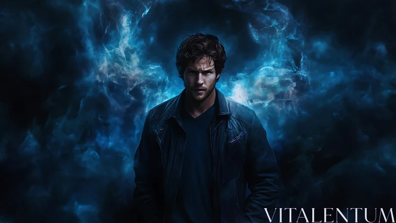 Brooding man in blue energy storm suggests dark inner power