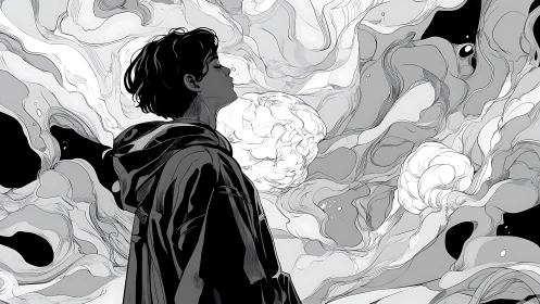 Solitary figure amid swirling monochrome cosmic clouds.