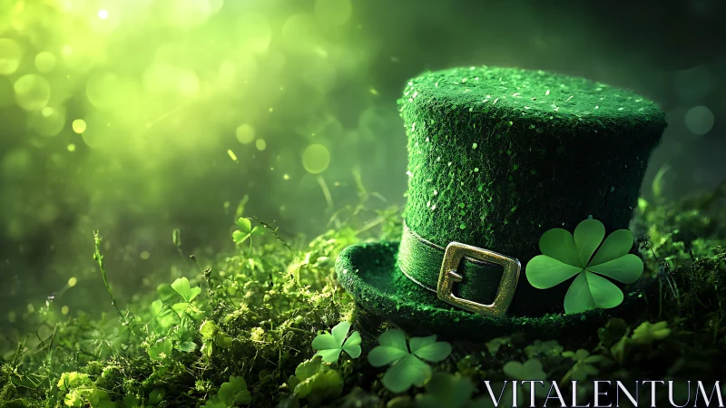 Glittering leprechaun hat rests in a glowing forest glade