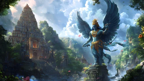 Majestic winged deity guards a lush ancient temple valley