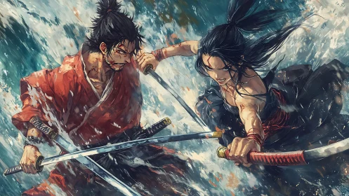 Samurai duel in turbulent water with crossed katana blades.
