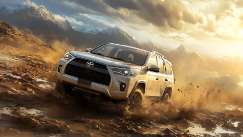 Mid-size 4x4 SUV powers through muddy alpine off-road terrain