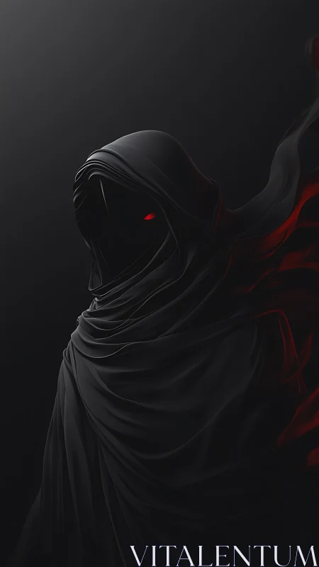 Hooded wraith in deep black drapery with emissive red eye glow