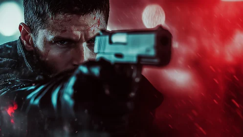 Cinematic cyberpunk gunman in shallow-depth neon portrait study.