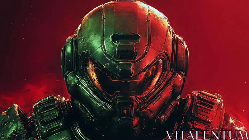 Armored sci fi soldier helmet under infernal red glow.