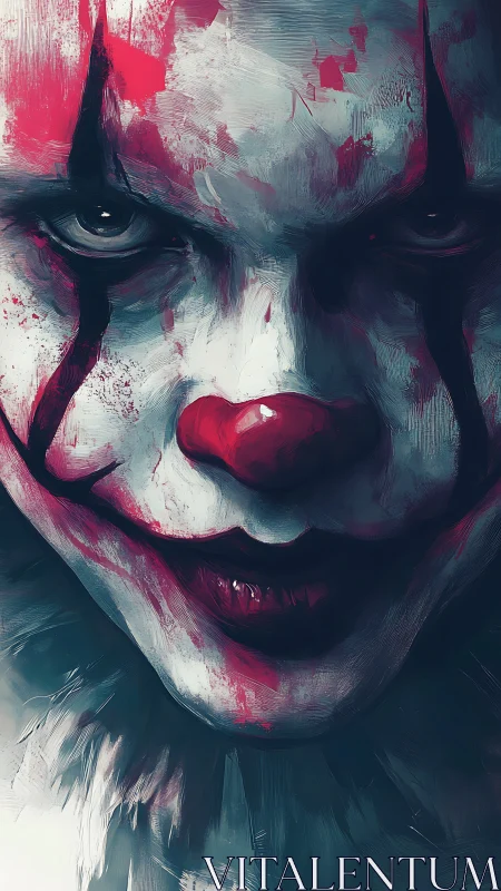Close frontal view of stylized sinister clown portrait.