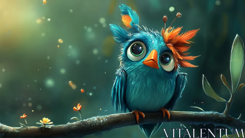 Whimsical Blue Bird with Orange Feathers on a Branch, Digital Art.