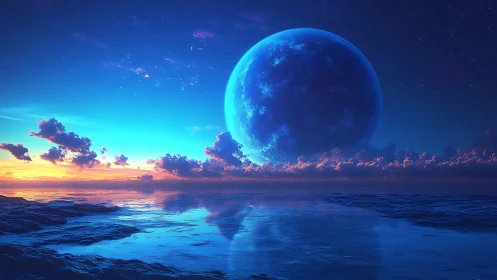 Twin-blue moonrise over neon-silent alien tideworld.