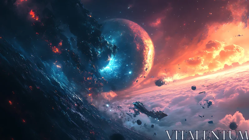 Starship drifts through collapsing nebula near fractured planet