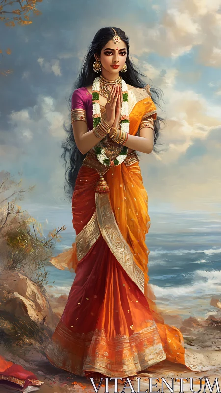 Ocean breeze crowns the serene woman in blazing silk