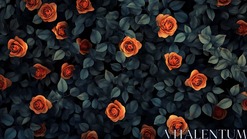 Orange roses among dark eucalyptus foliage displayed from overhead perspective.