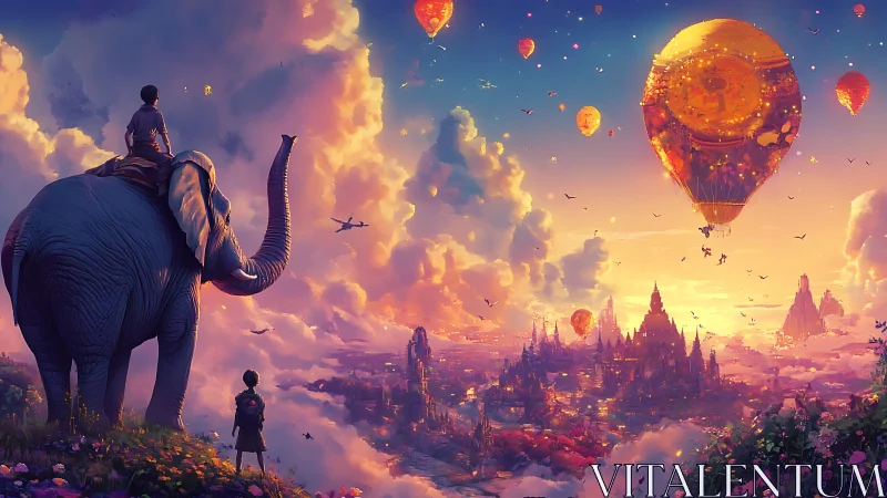 Elephant-borne observers surveying aerial temple metropolis dreamscape.