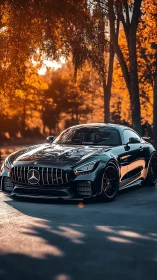 Midnight-black supercar glides through molten autumn light