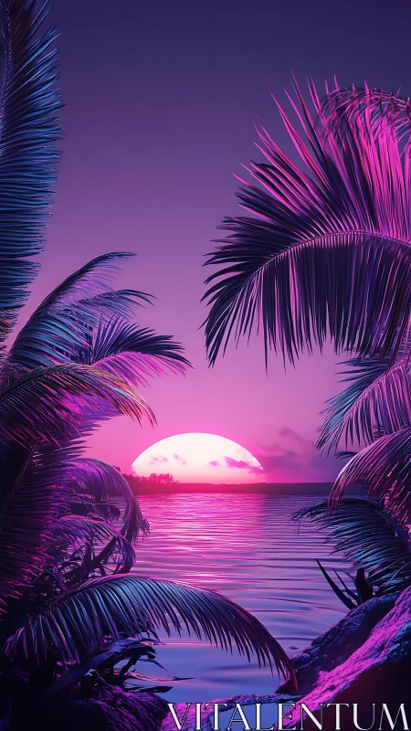 Neon sunset sinks behind tropical palms in dreamy stillness