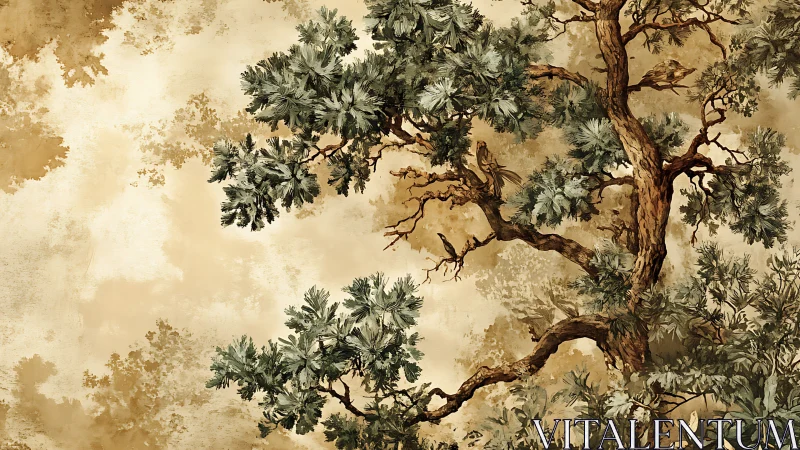 Weathered tree with songbirds on sepia botanical wall art.