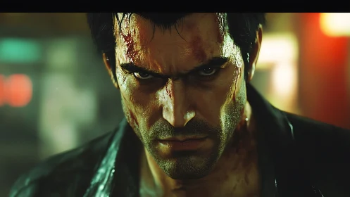 Digital close-up shows bloodied male face with intense gaze