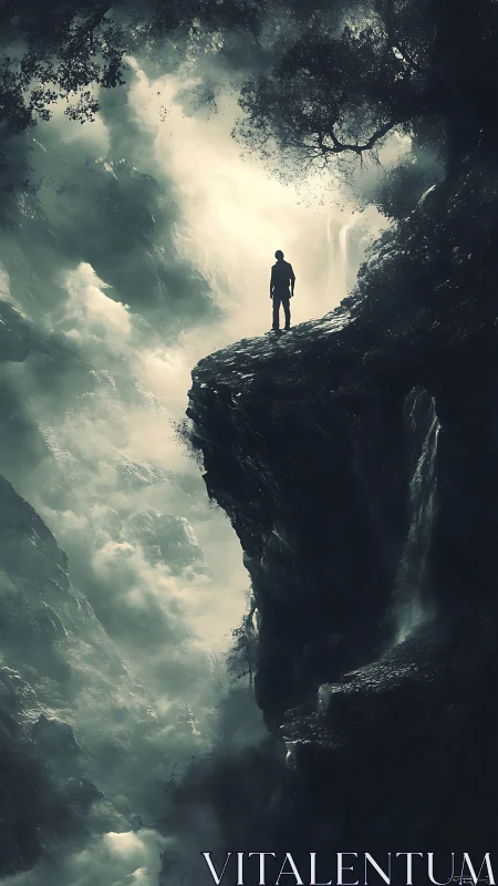 Solitary figure studies abyssal canyon under diffused backlight