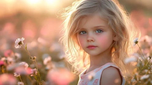 Child in flower field at golden hour light.