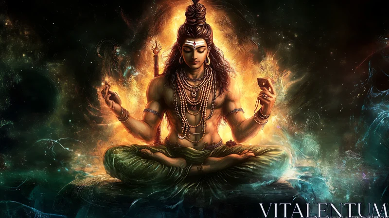 Shiva figure sits cross-legged in glowing digital environment