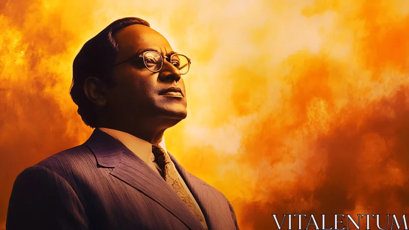 Portrait of determined leader against blazing golden sky.