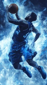 Basketball player jumps toward hoop amid blue abstract light