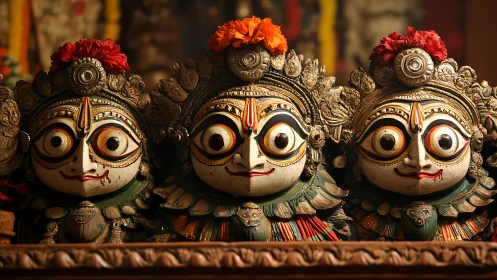 Ornate wooden deity masks align in warm ceremonial lighting