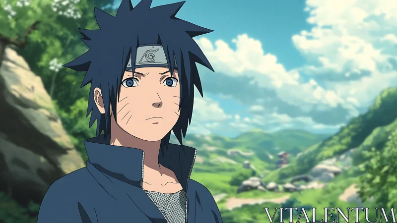 Quiet anime ninja gazes over a bright, peaceful valley