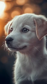 Side profile portrait of light-furred puppy at sunset.