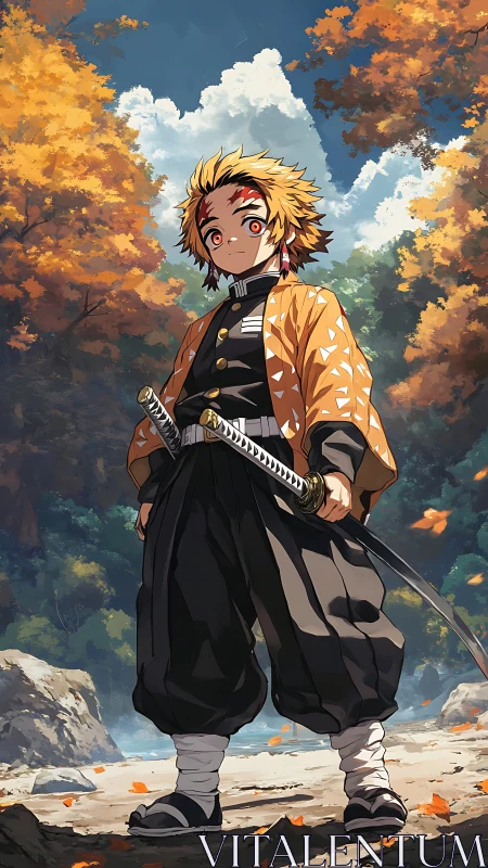Anime swordsman portrait in autumn forest with heroic low angle.