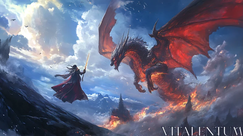 Sky-riven duel between ember dragon and lone fire mage.