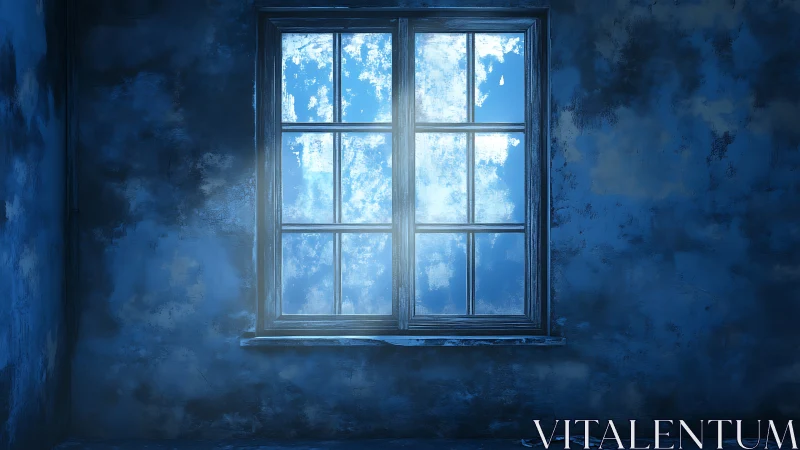 Old blue window reveals bright cloudy sky beyond
